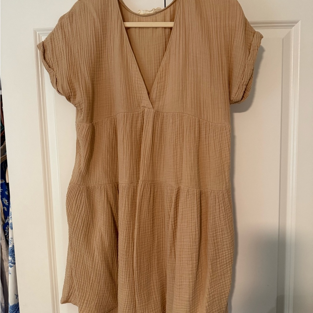 Tan V-Neck Short Sleeve Dress